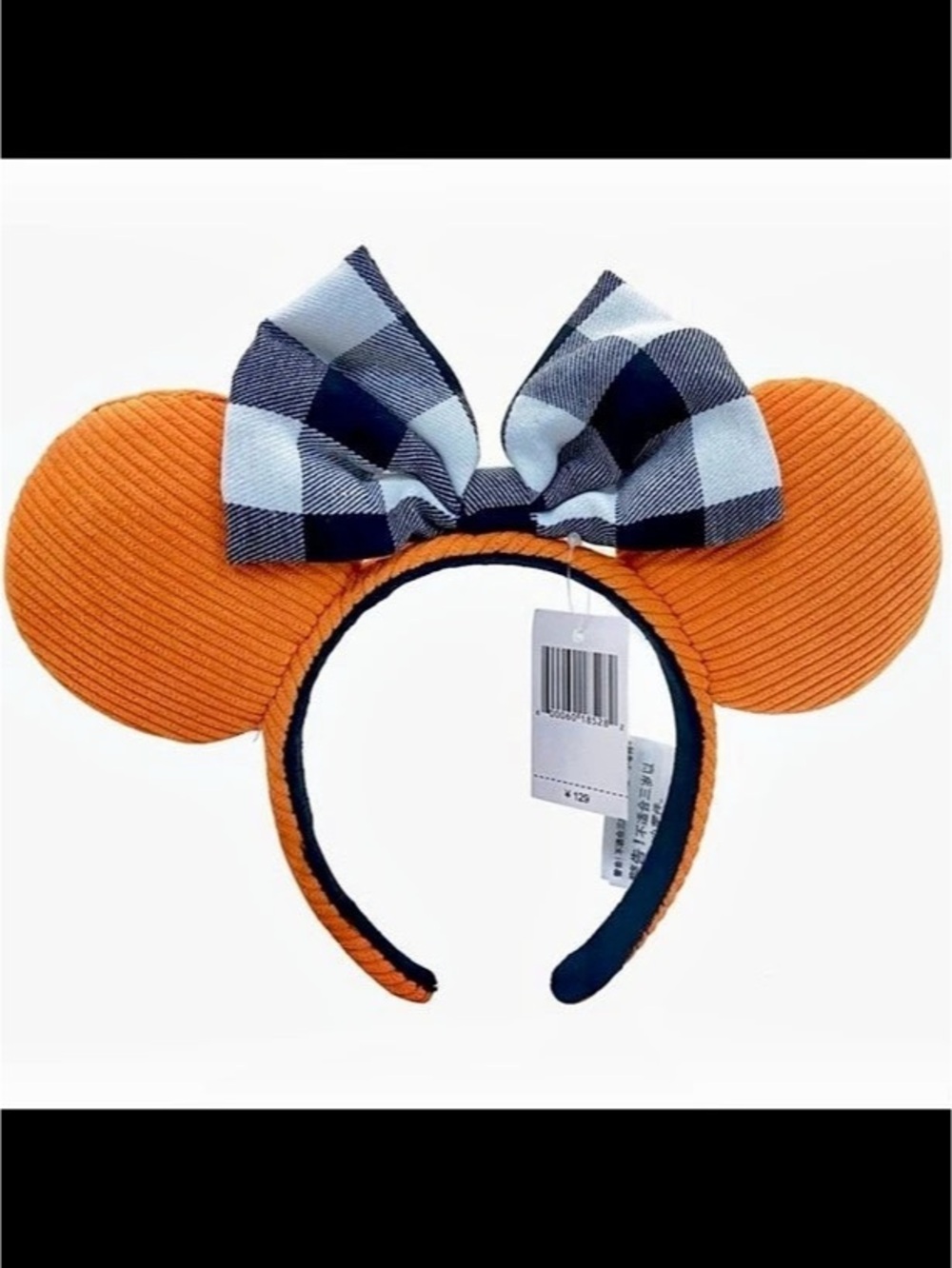 Disney Minnie Mouse Ear Headband – Orange Corduroy with Buffalo Check Bow & Blue